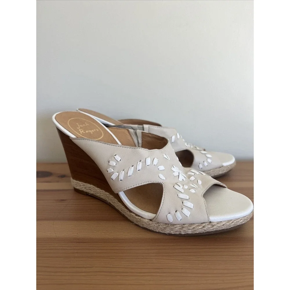 Jack Rogers Leather Slide Wedge Heel Sandals Shoes Women's 7.5 Tan White Cute